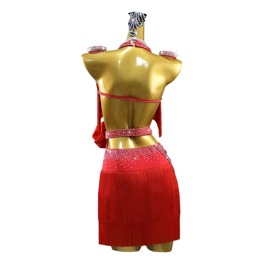 Red Rhinestone Latin Dance Dress with Flowers & Tassel Details