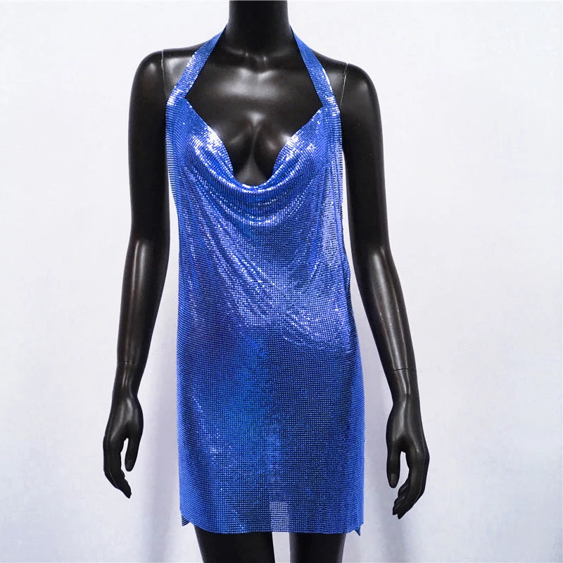 Metal Sequin Halter Mini Dress - Backless V-Neck Side Split Dress