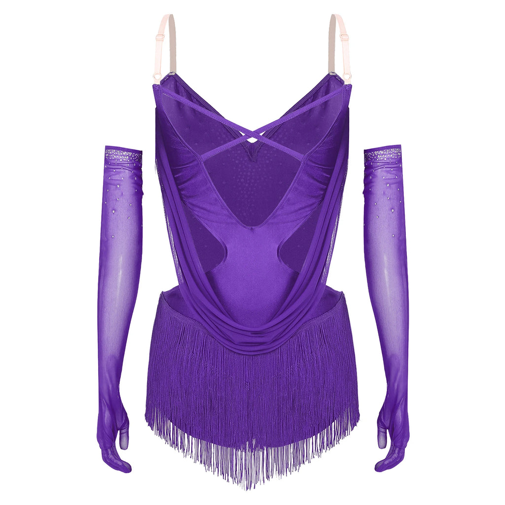 Women's Latin Dance Bodysuit | Fringe & Rhinestone | With Gloves