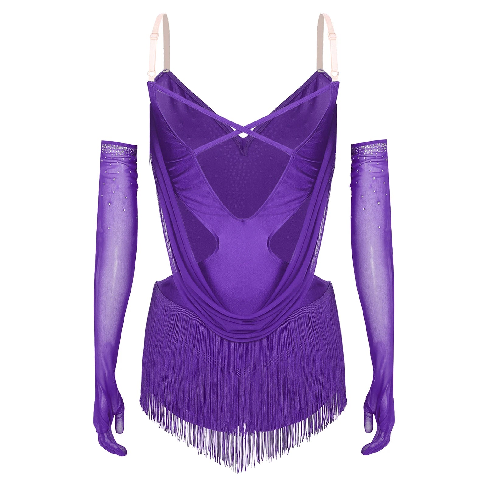 Women's Latin Dance Bodysuit | Fringe & Rhinestone | With Gloves