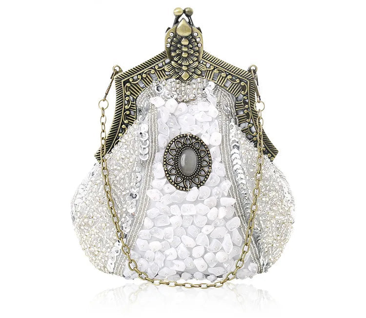 Retro Pearl & Sequin Beaded Clutch | Antique Gold Frame Bag
