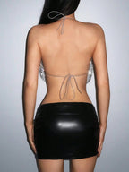 Full Diamond Mesh Halter Crop Top - Rhinestone Fishnet Backless Tank for Stage & Festival
