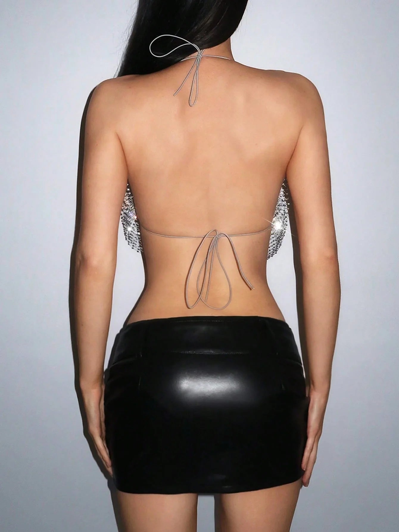 Full Diamond Mesh Halter Crop Top - Rhinestone Fishnet Backless Tank for Stage & Festival