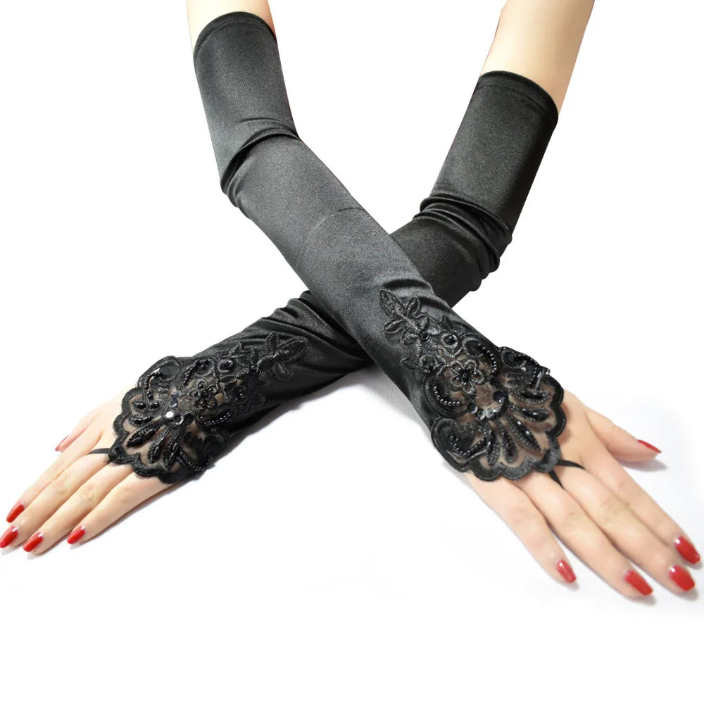 Satin Fingerless Gloves | Embroidered Lace