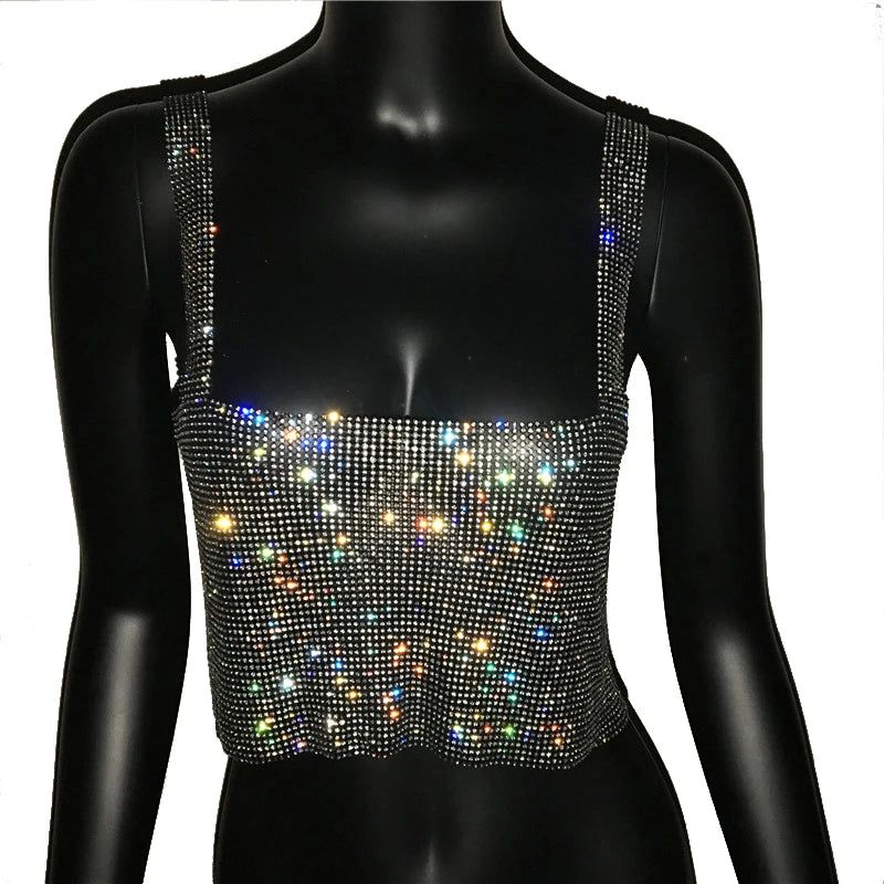 Rhinestone Backless Crop Top - Sparkly Sequin Camisole Tank