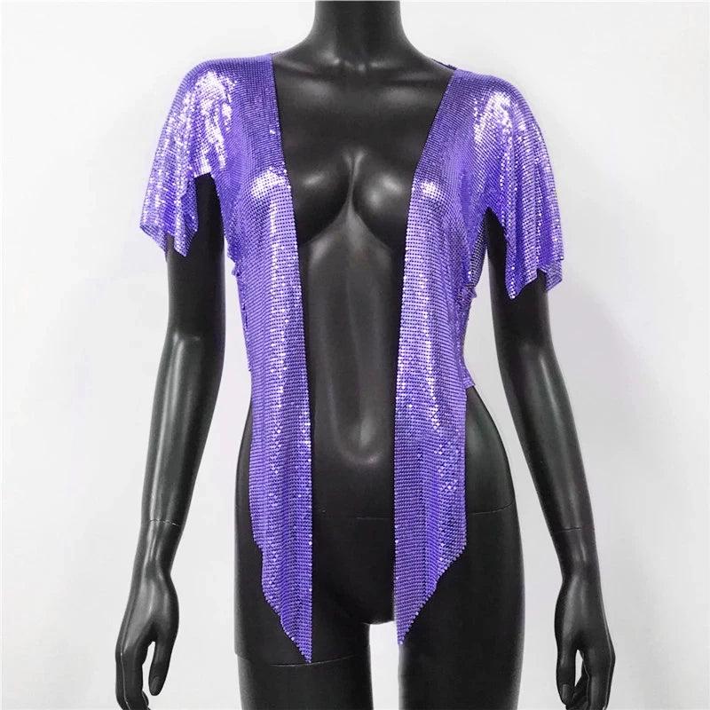Metal Sequin Crop Cardigan - V-Neck Festival Performance Top