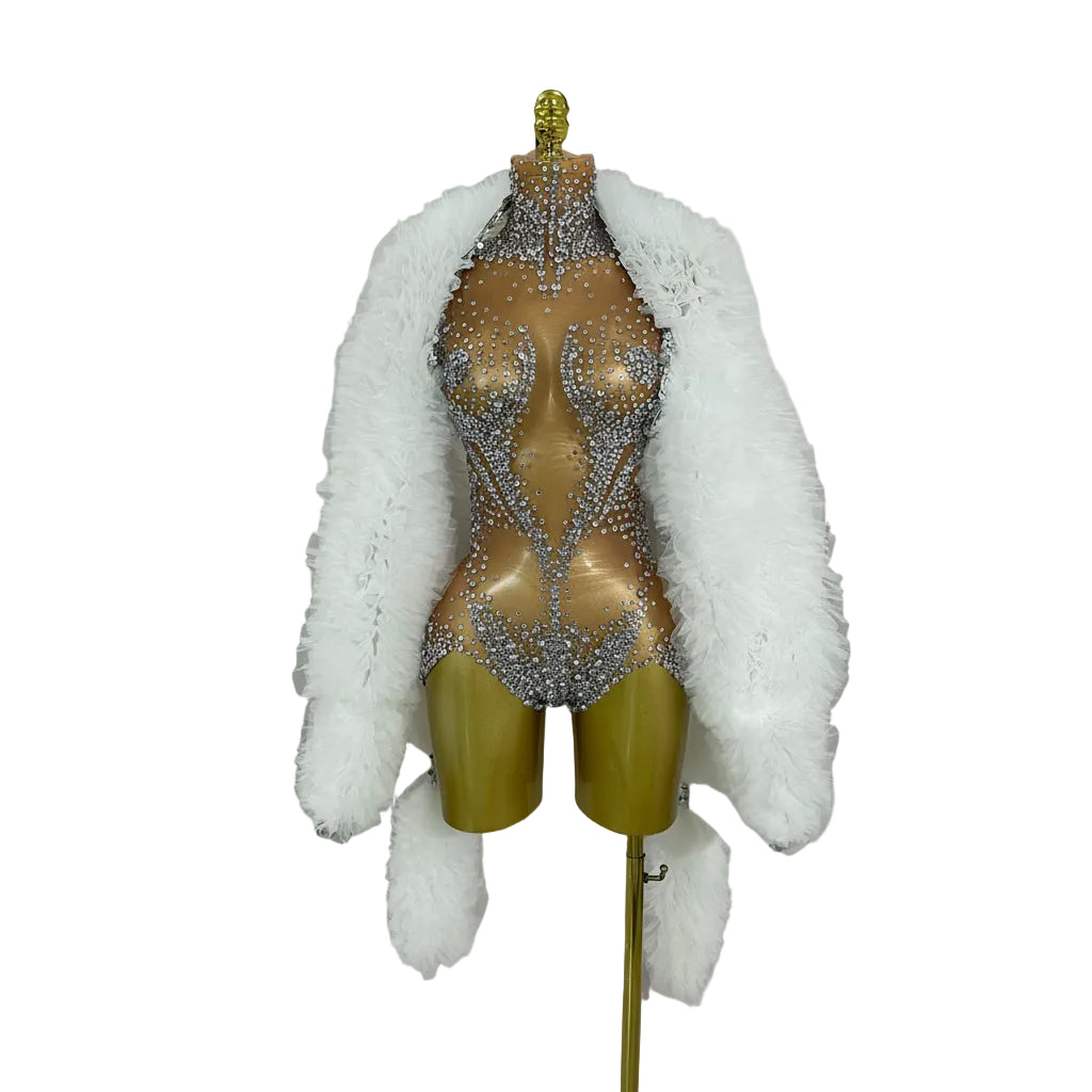 Rhinestone Crystal Bodysuit & Faux Fur Coat | Stage Performance Set