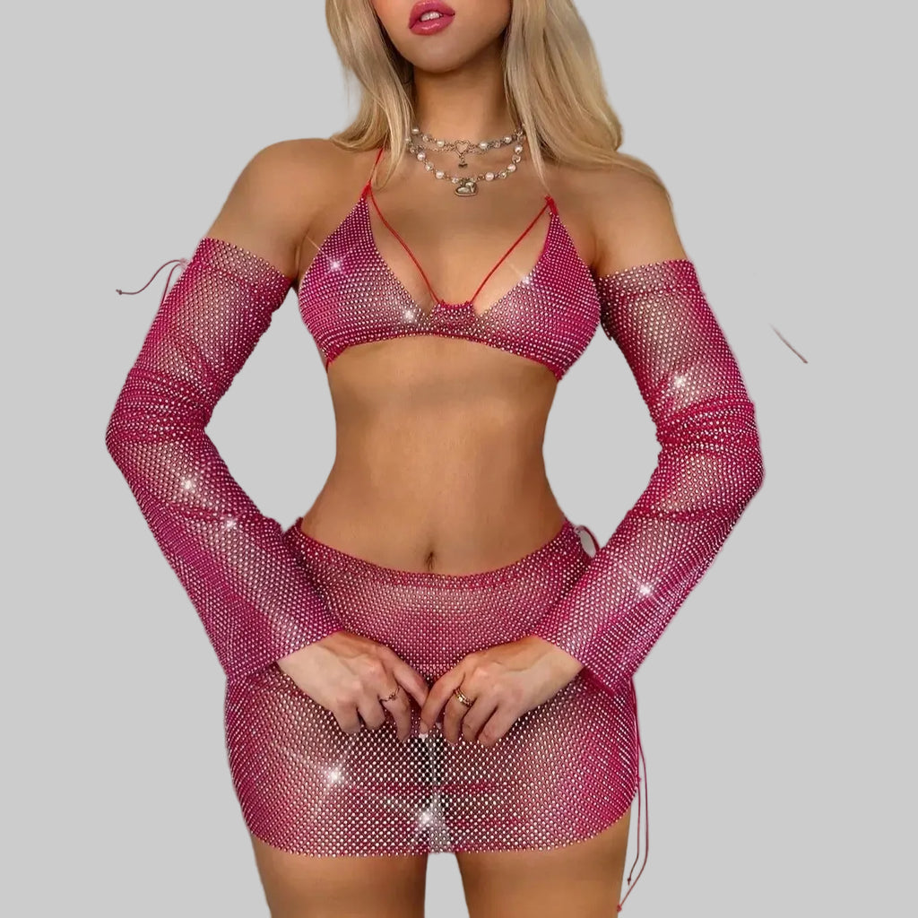 Rhinestone Mesh 3-Piece Set - Camisole, Mini Skirt & Oversleeve