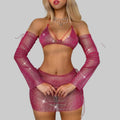 Rhinestone Mesh 3-Piece Set - Camisole, Mini Skirt & Oversleeve
