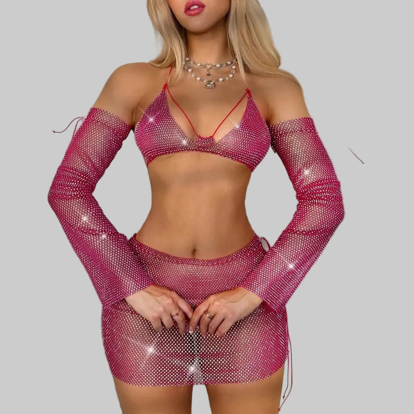 Rhinestone Mesh 3-Piece Set - Camisole, Mini Skirt & Oversleeve