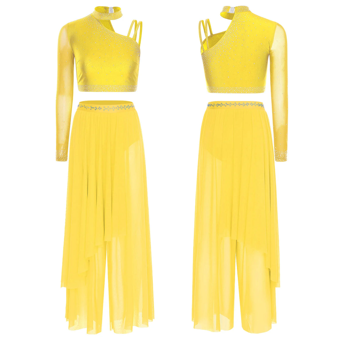 Rhinestone Crop Top & Wide-Leg Split Pants Set | One Shoulder | Lyrical Modern Dance