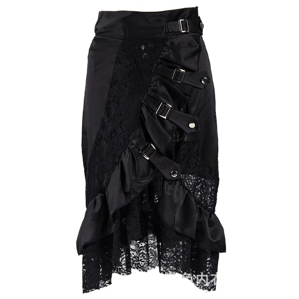 Gothic Satin & Lace Ruffle Skirt | Buckle Detail | S-6XL