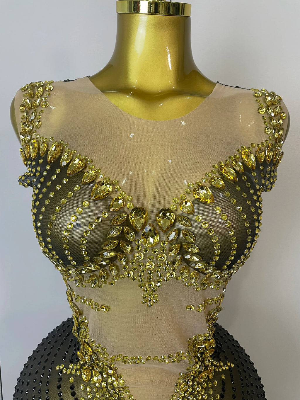 Gold Rhinestone Mesh Mini Dress | Fringe Skirt | Stage & Club