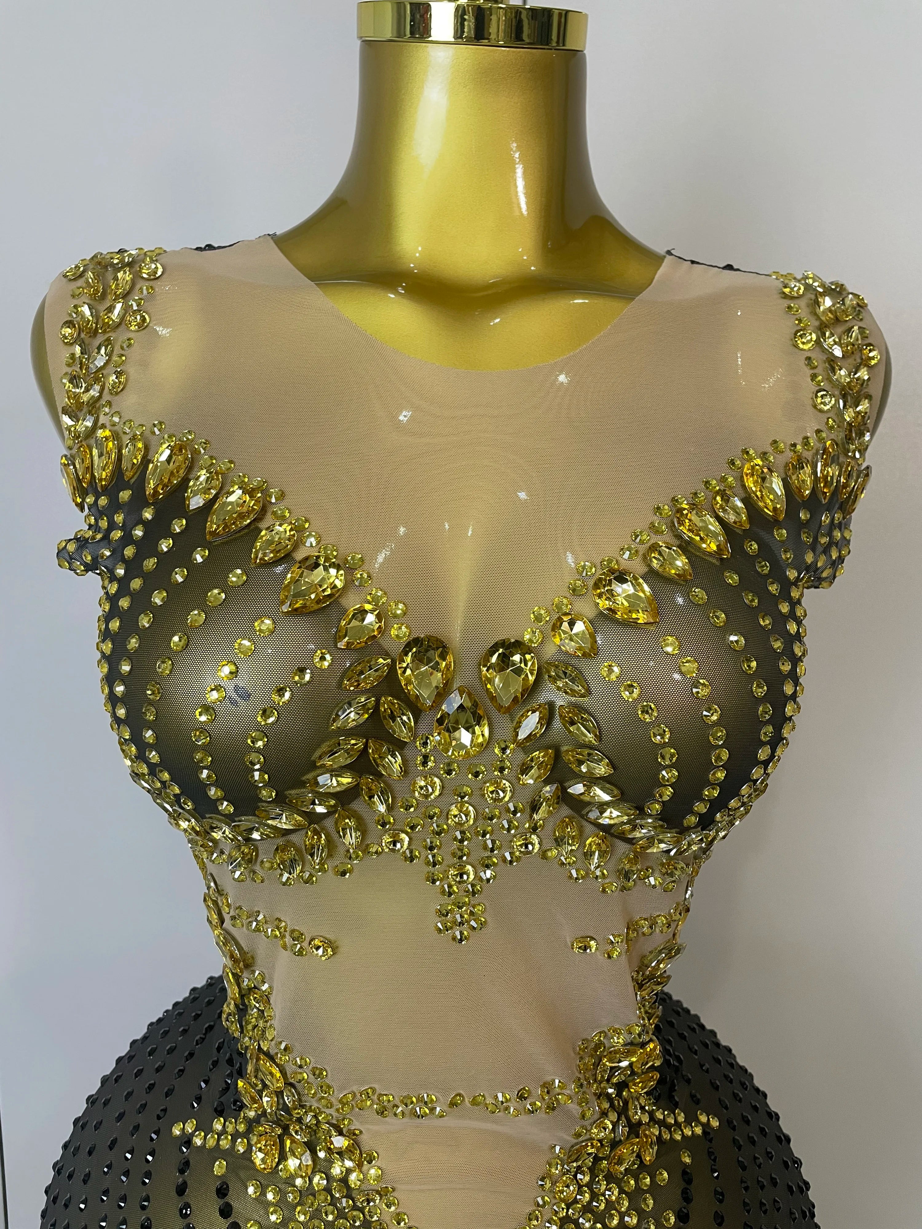 Gold Rhinestone Mesh Mini Dress | Fringe Skirt | Stage & Club