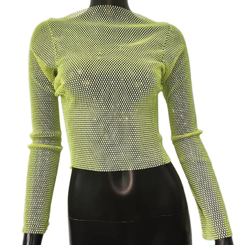 Rhinestone Fishnet Mesh Long Sleeve Top - Sheer Starlight Party Tee