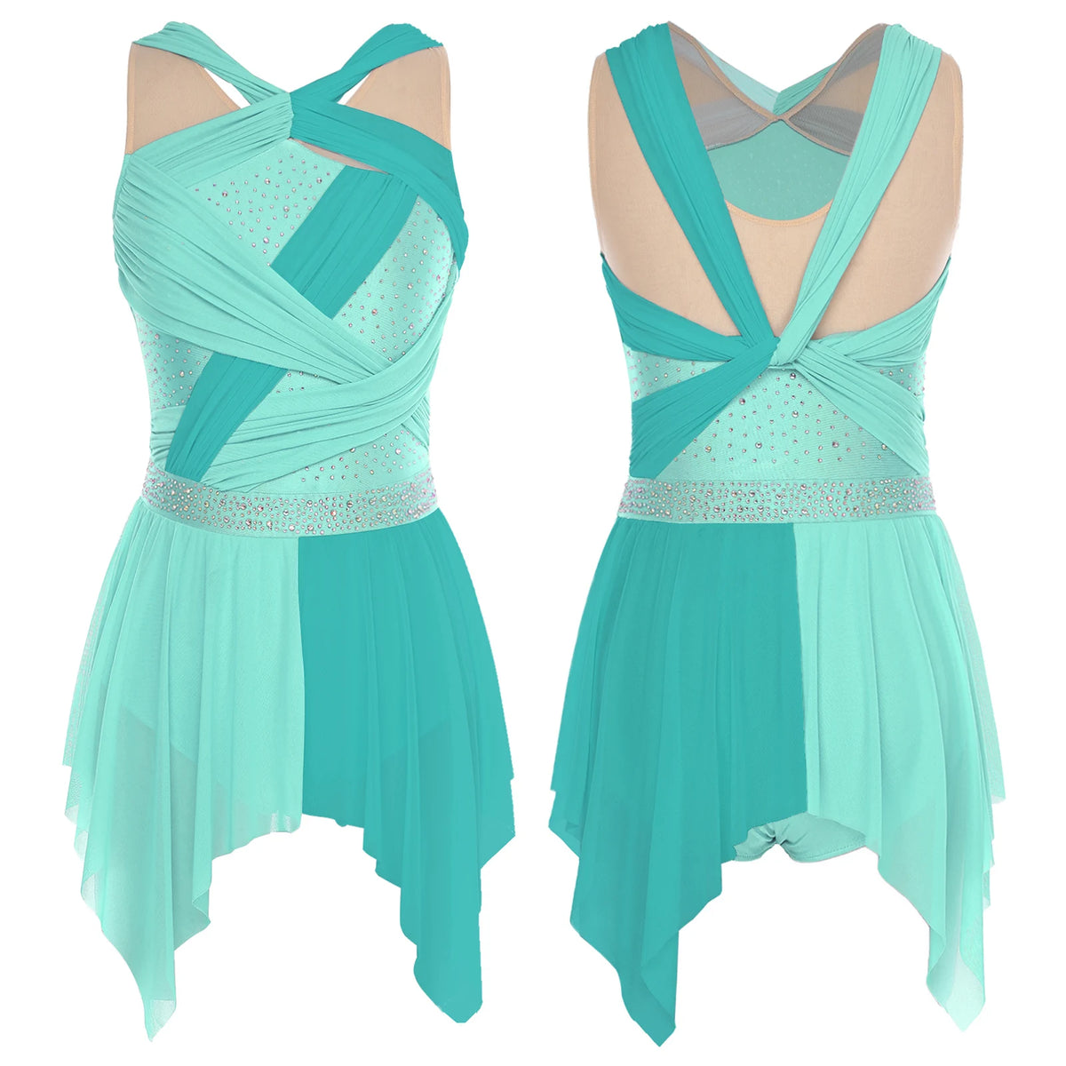 Color-Block Lyrical Dance Dress | Twisted Knot | Irregular Hem | Rhinestone