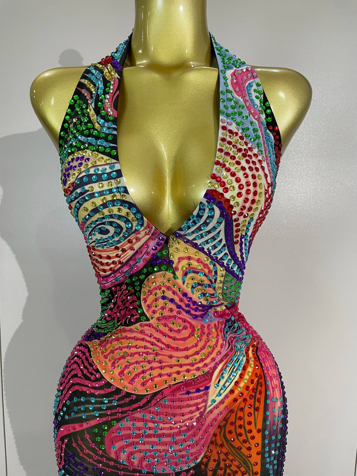 Colorful Rhinestone Halter Maxi Dress | Deep V | Backless