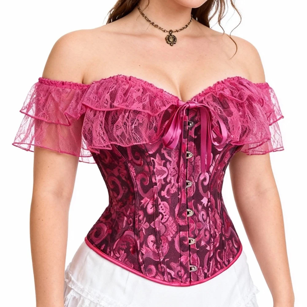 Ruffled Overbust Corset | Jacquard & Lace | Victorian Gothic