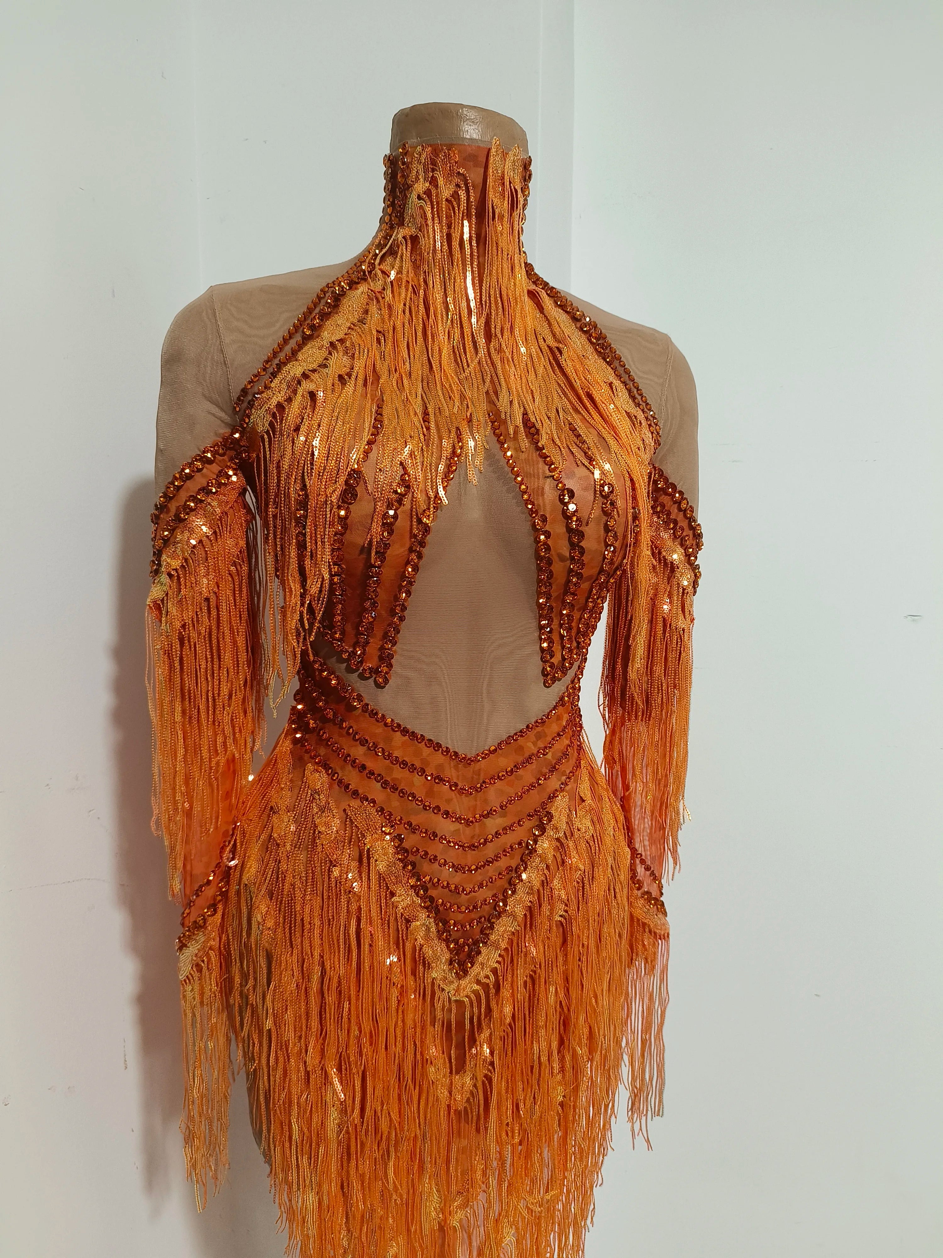 Orange Rhinestone Chain Tassel Sleeve Mesh Gown | Stage