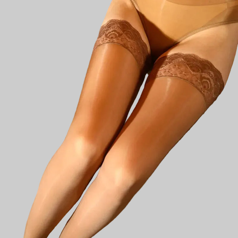 Shiny Lace‑Top Thigh‑High Stockings