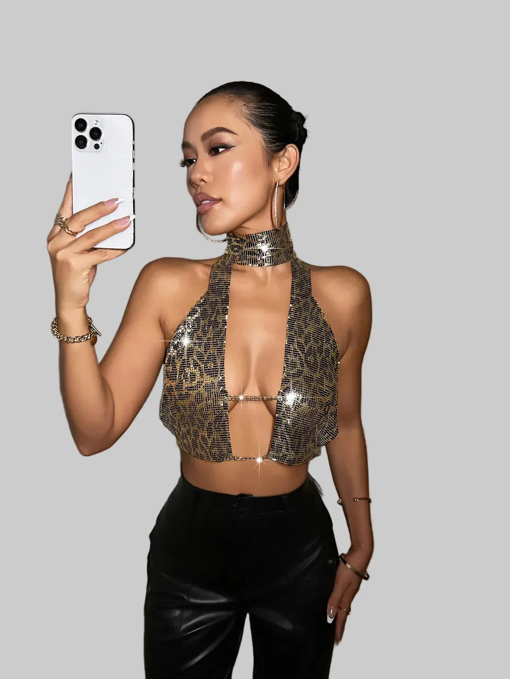 Leopard Print Sequin Halter Crop Top - Metallic Animal Print Festival Top