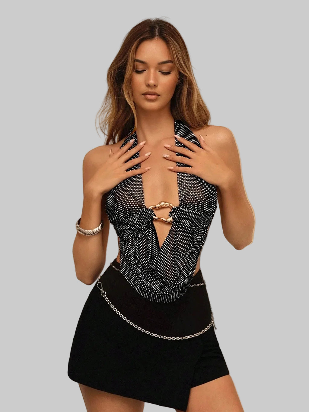 Rhinestone Mesh Crop Top - Backless Bandage Halter with Deep V-Neck