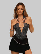 Rhinestone Mesh Crop Top - Backless Bandage Halter with Deep V-Neck