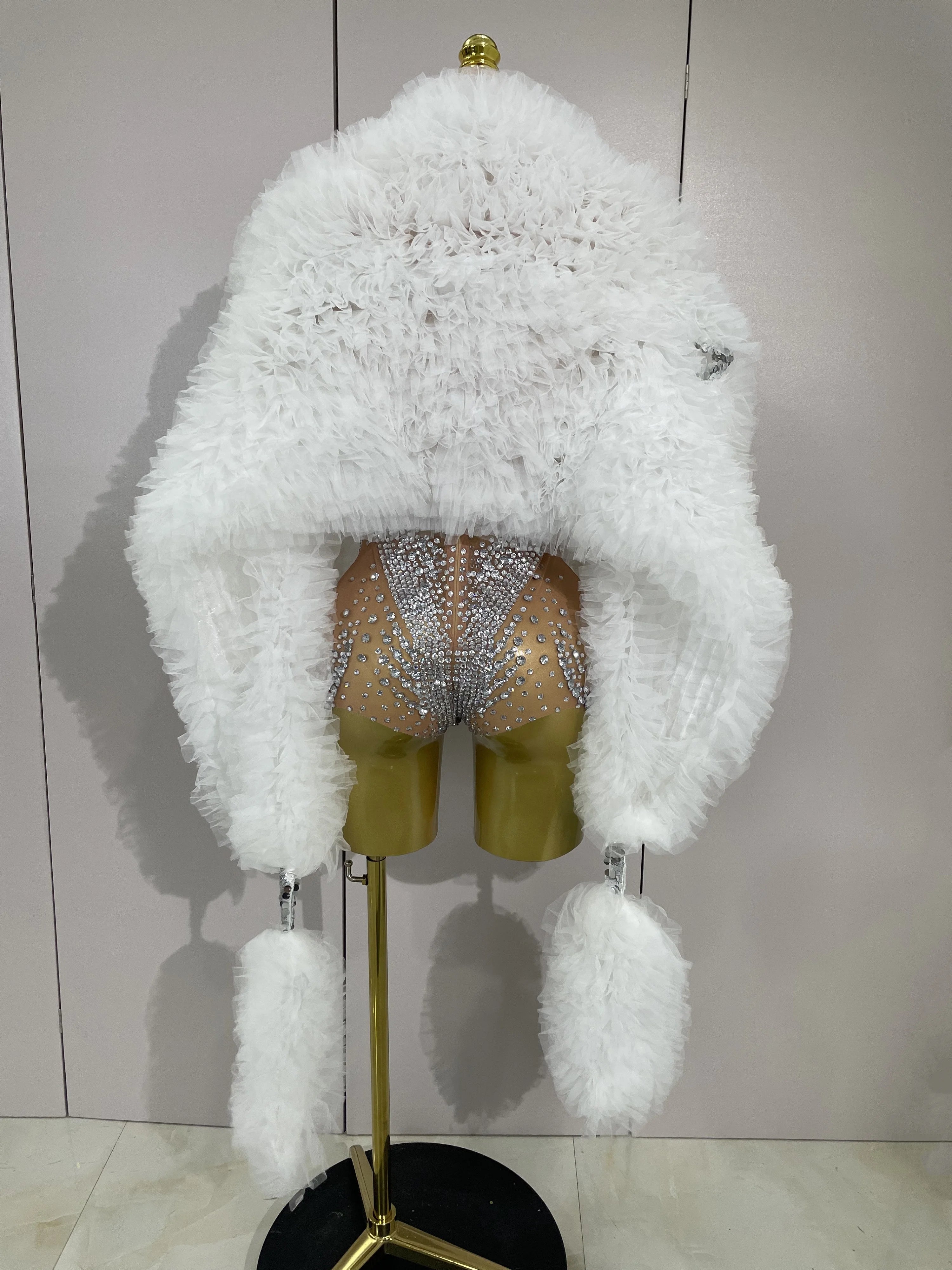 Rhinestone Crystal Bodysuit & Faux Fur Coat | Stage Performance Set