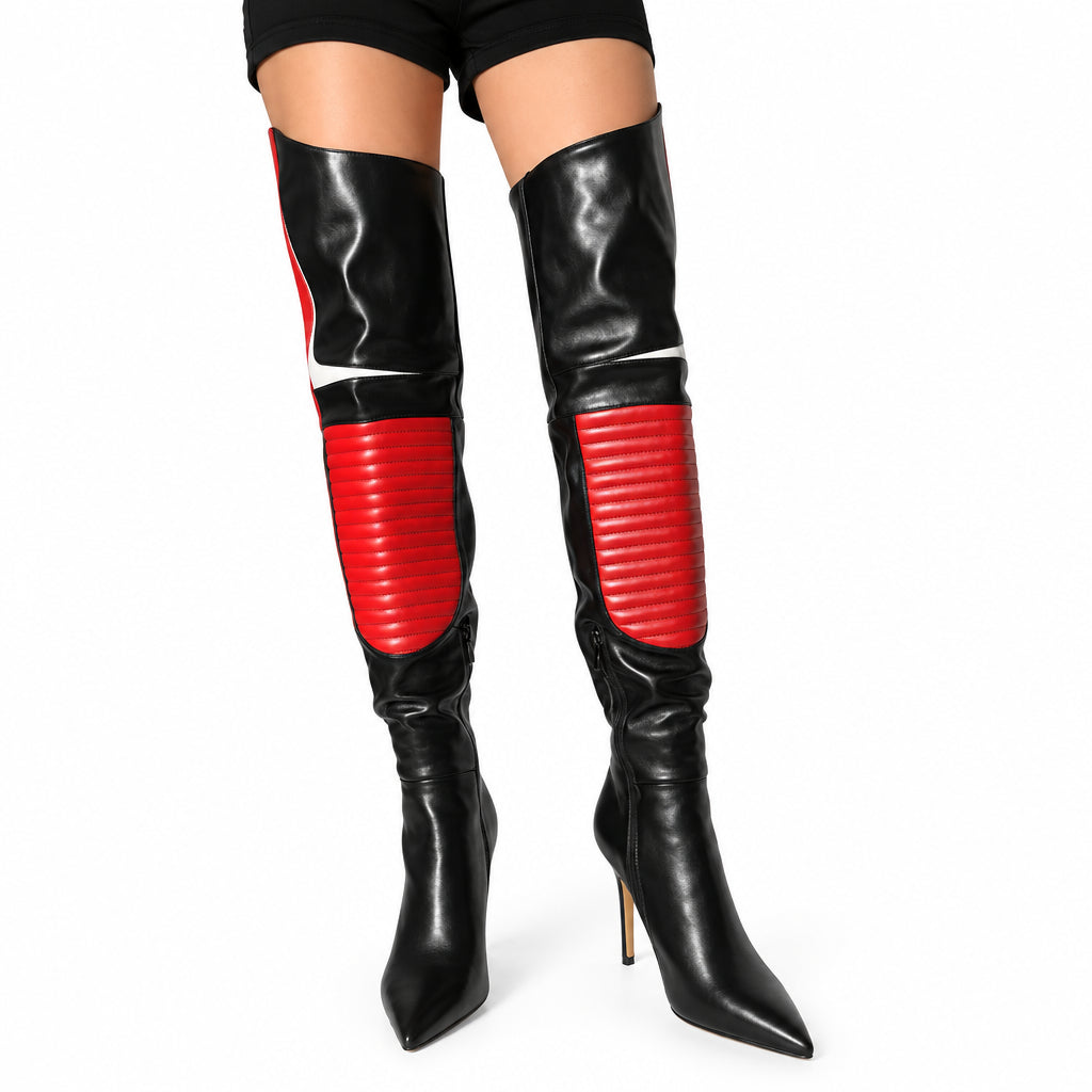 Red Patchwork Boots | Thigh-High | 10 cm Heel