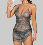Rhinestone Fishnet Mesh Mini Dress - Deep V-Neck Side Split Party Dress