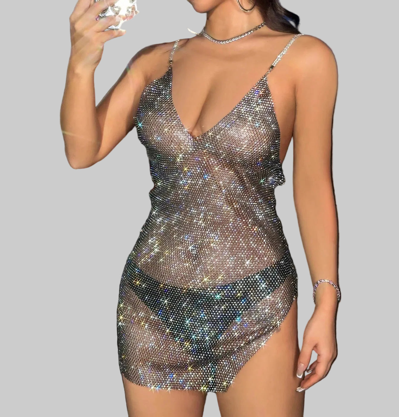 Rhinestone Fishnet Mesh Mini Dress - Deep V-Neck Side Split Party Dress