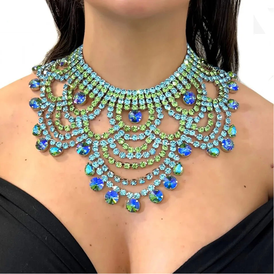 Aqua Rhinestone Bib Choker | Oversized Statement Necklace