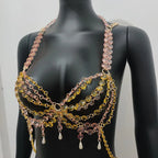 Glitter Crystal Pearl Tassel Crop Top - Backless Sheer Performance Top