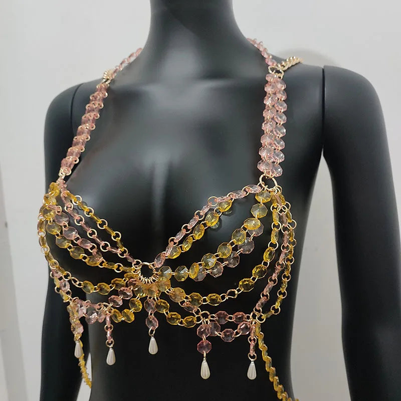 Glitter Crystal Pearl Tassel Crop Top - Backless Sheer Performance Top