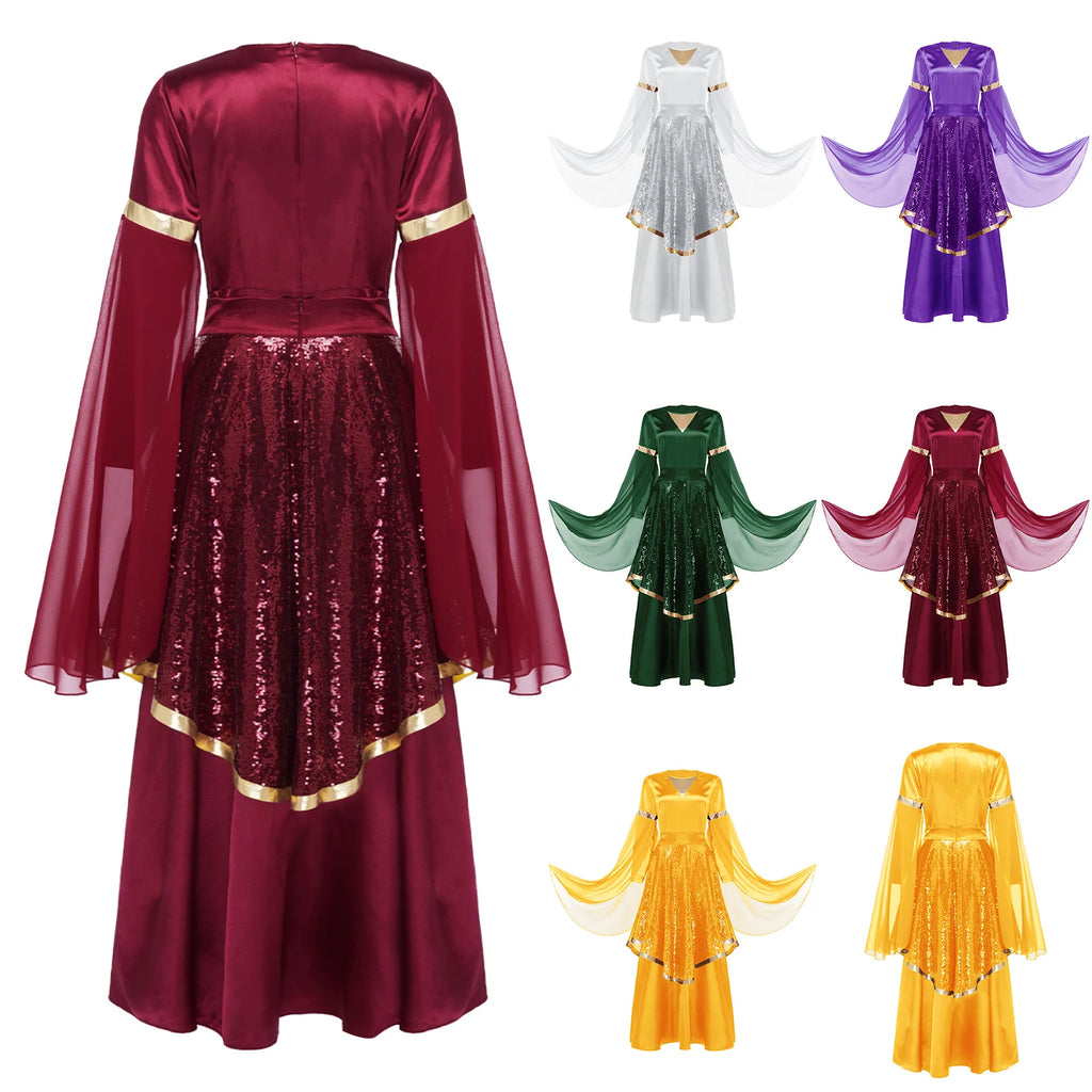 Liturgical Praise Dance Dress & Sequin Skirt Set | Bell Sleeve Overlay | Church Worship