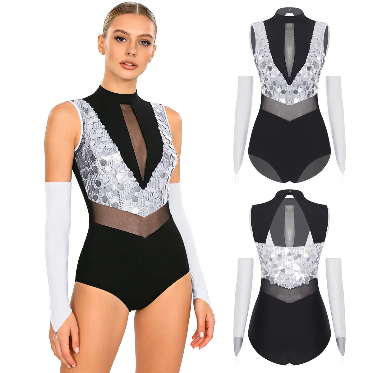 Women's Sequin Dance Leotard | Mock Neck & Sheer Mesh Waist | Includes Arm Sleeves