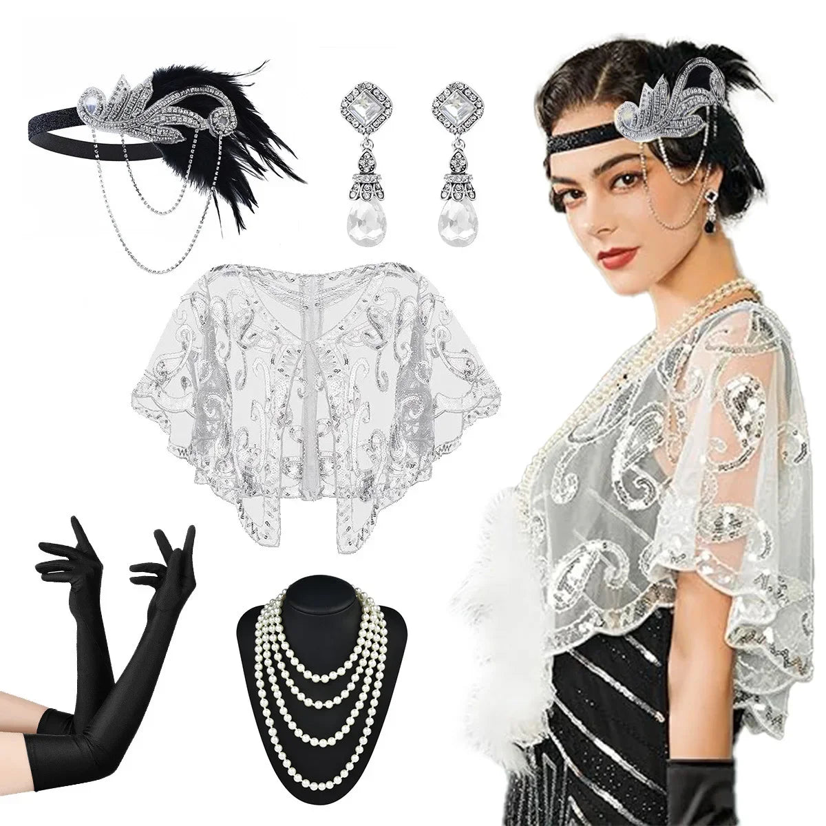 1920s Flapper Accessory Set | 5-Piece | Headband, Shawl, Gloves