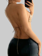 Rhinestone Mesh Bandage Halter Crop Top - Sheer Backless Tank