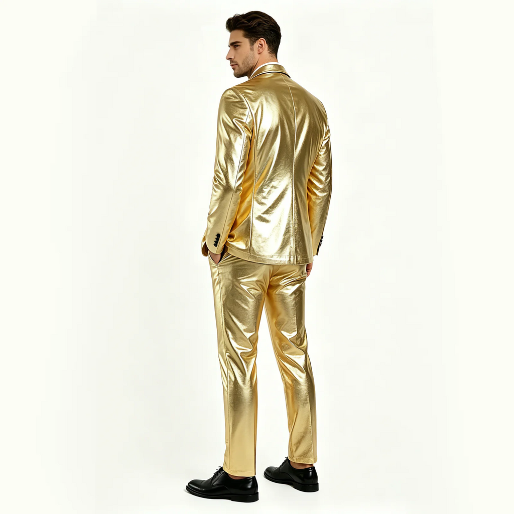 Men's Metallic 2-Piece Suit | Slim Fit Blazer & Pants | Stage & Party | Gold