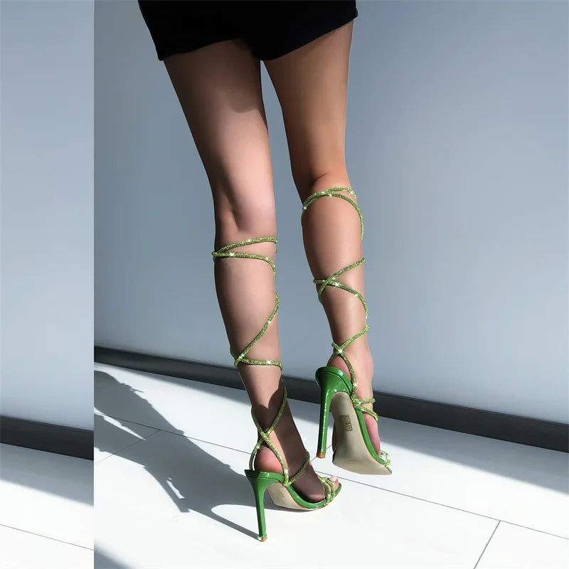 Rhinestone Lace-Up Stiletto Sandal | Crystal Strap | Multi-Color