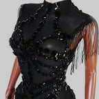 Sexy Mesh Sheer Black Rhinestone Bodysuit