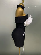 Off-Shoulder Bandage Mini Dress | 3D Rose Appliqué | Black