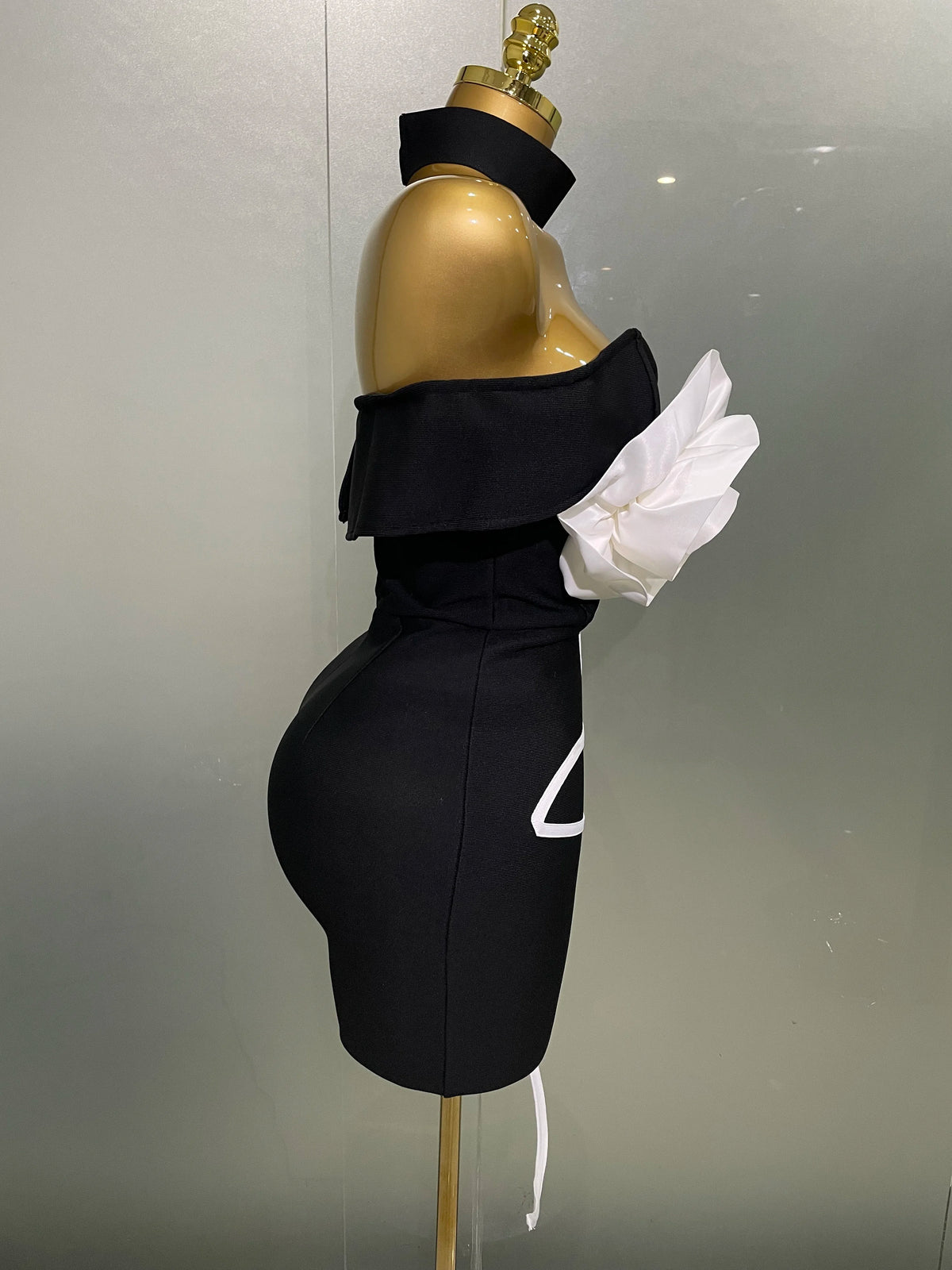 Off-Shoulder Bandage Mini Dress | 3D Rose Appliqué | Black