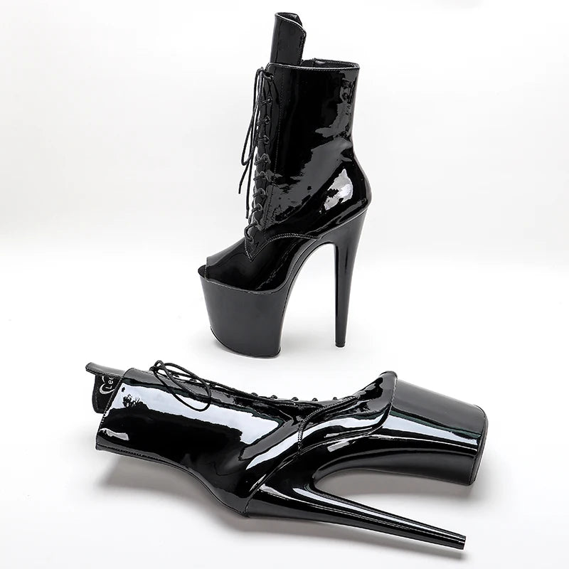 8-Inch Patent Ankle Boots - Open Toe Lace-Up Dance Boots