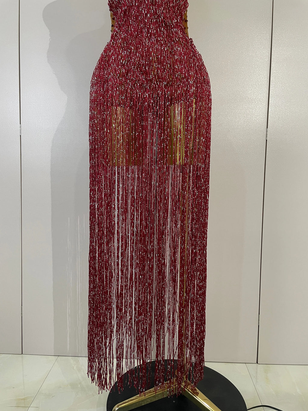 Rhinestone Fringe Halter Gown | Deep V | Burgundy