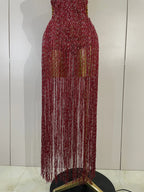Rhinestone Fringe Halter Gown | Deep V | Burgundy