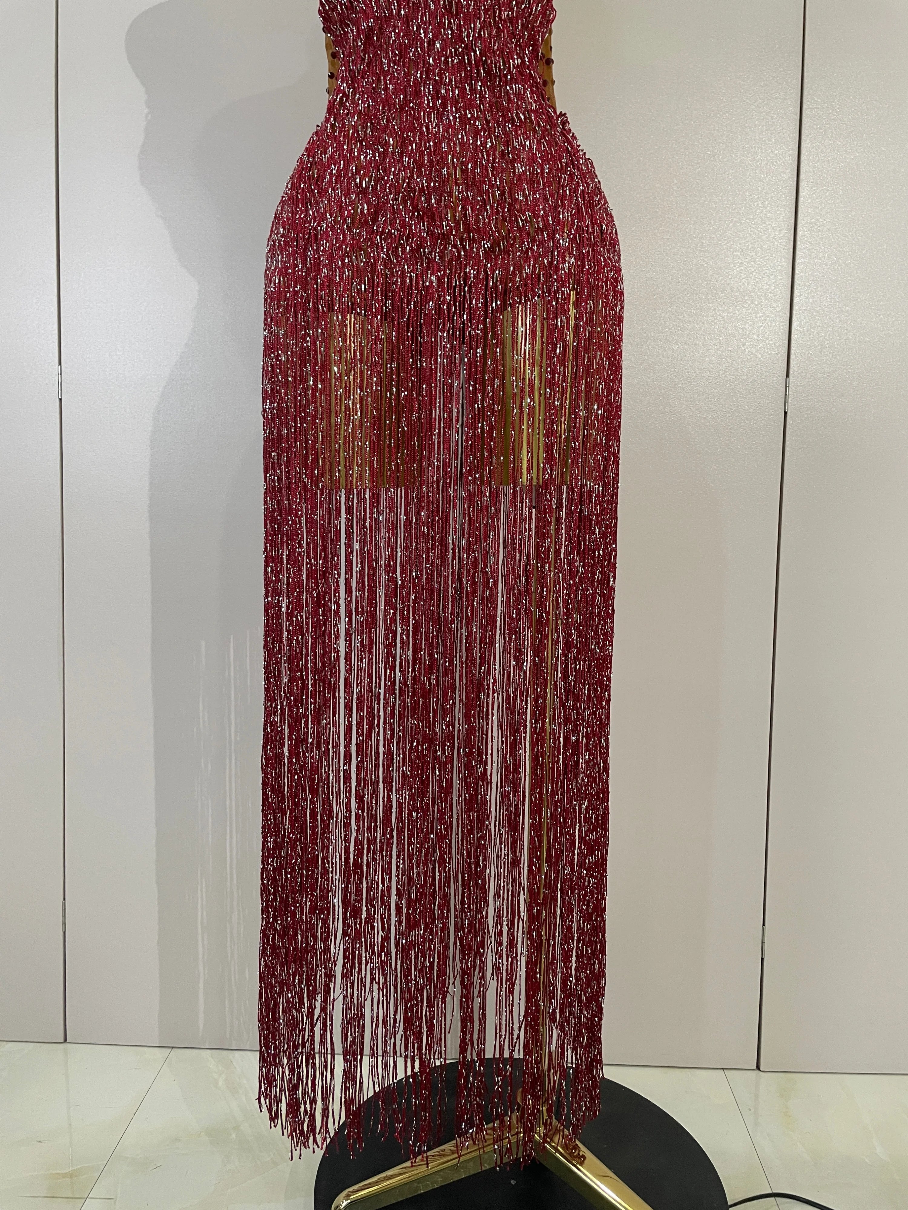 Rhinestone Fringe Halter Gown | Deep V | Burgundy