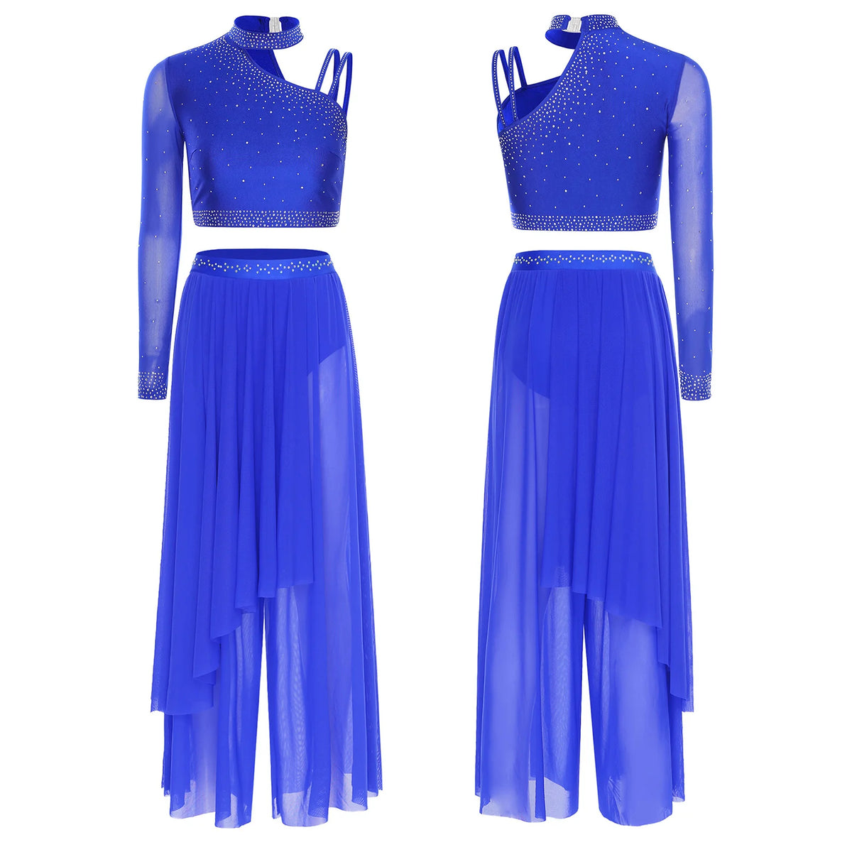 Rhinestone Crop Top & Wide-Leg Split Pants Set | One Shoulder | Lyrical Modern Dance