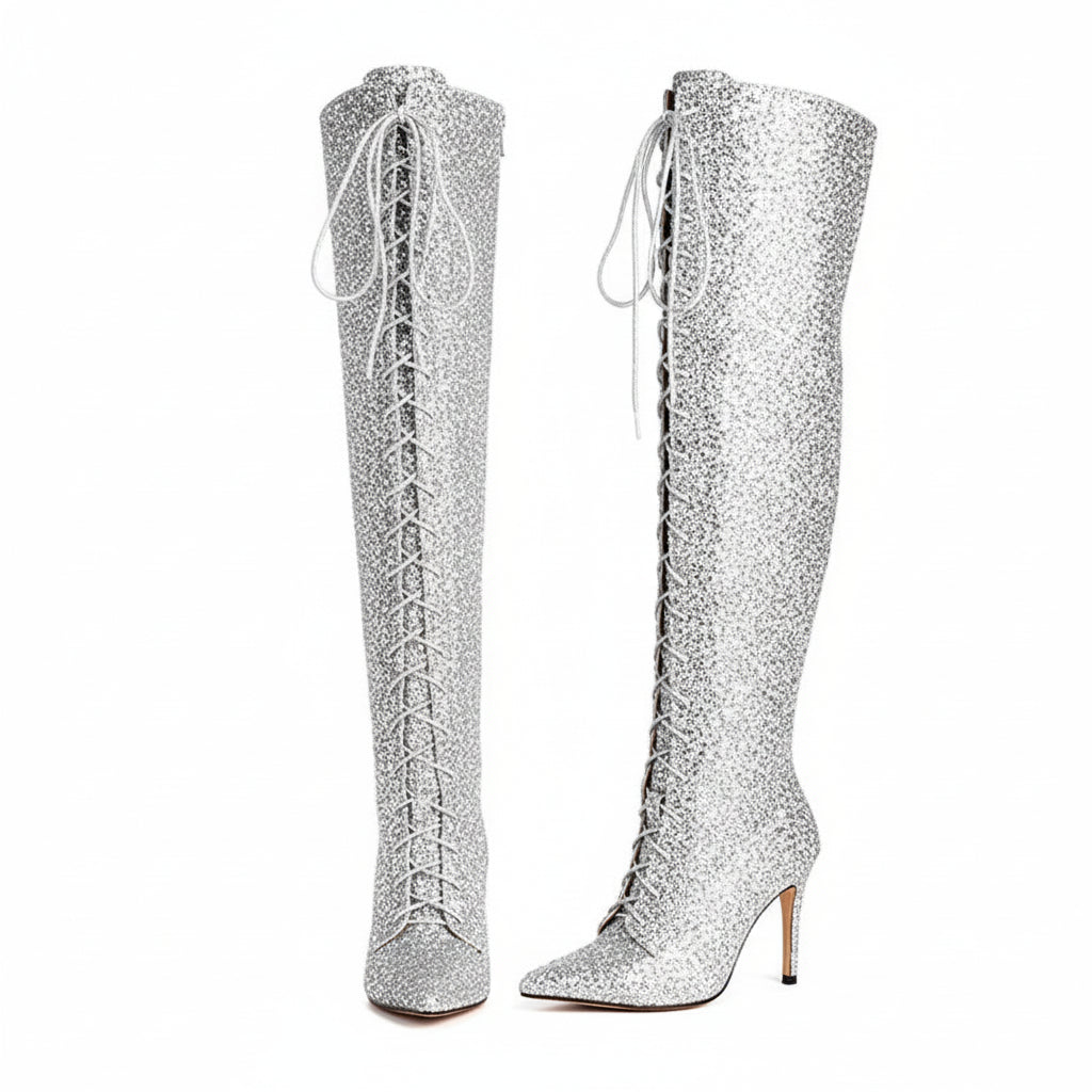 Sequin Over-the-Knee Boots | Lace-Up | 10cm Heel