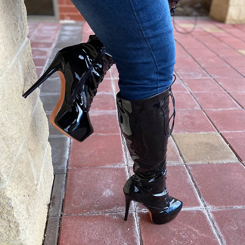 Patent Lace-Up Knee-High Boot | Platform Stiletto | Black